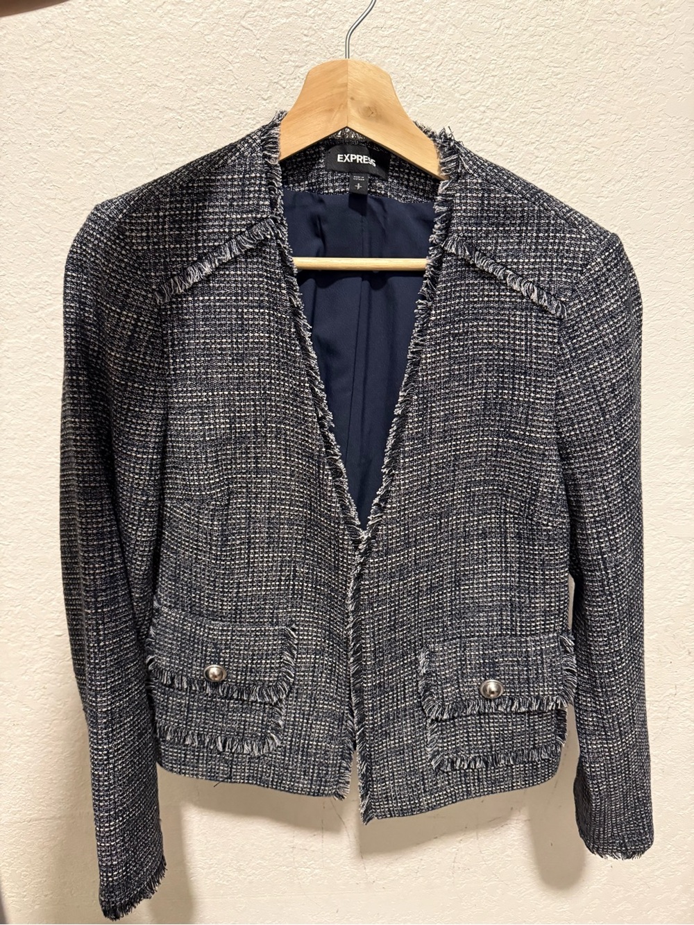 Express Navy and White Tweed Fringe Collar Blazer